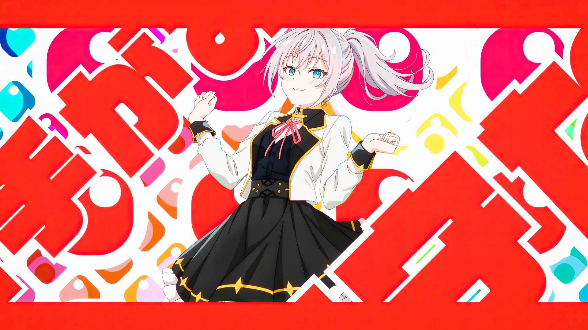 8K Ultra HD desktop wallpaper featuring Alisa Mikhailovna Kujou from Alya Sometimes Hides Her Feelings with vibrant red and white graphic elements.