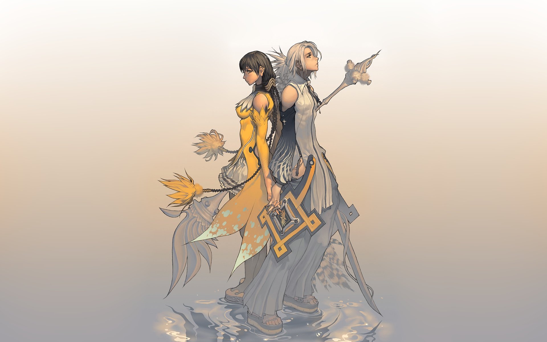 HD PC desktop wallpaper featuring two characters from the video game Magna Carta standing back-to-back with intricate costumes and ethereal lighting.