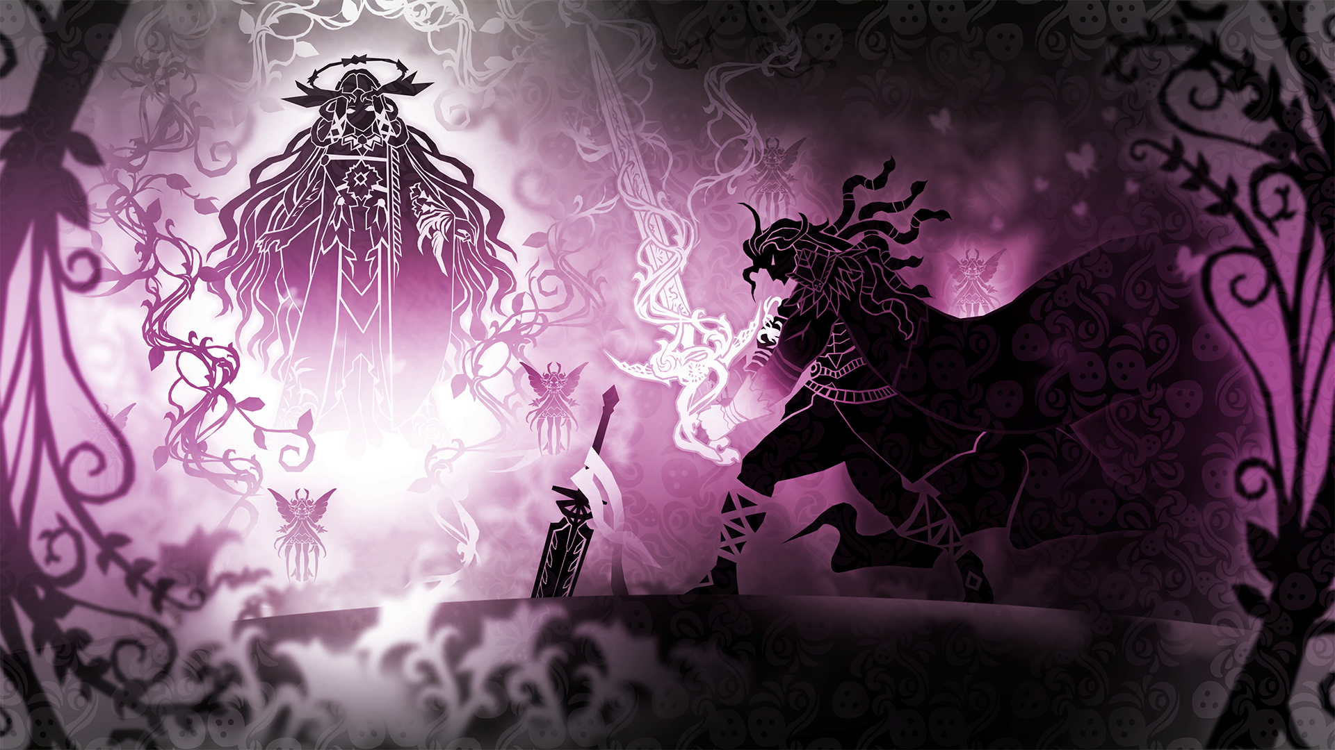 An HD wallpaper from the video game Visions of Mana, featuring a dramatic scene with a cloaked figure confronting a mystical being amidst intricate designs in shades of purple.
