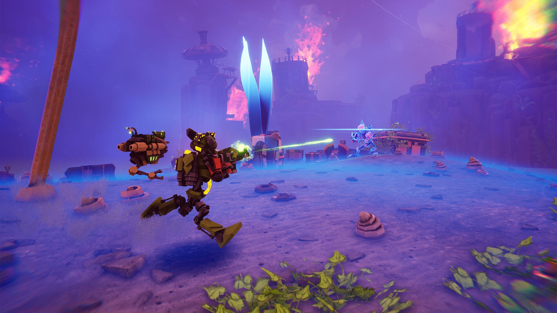 A vibrant HD desktop wallpaper showcasing a character from the video game Akimbot, featuring a dynamic action scene with futuristic elements and vivid colors.