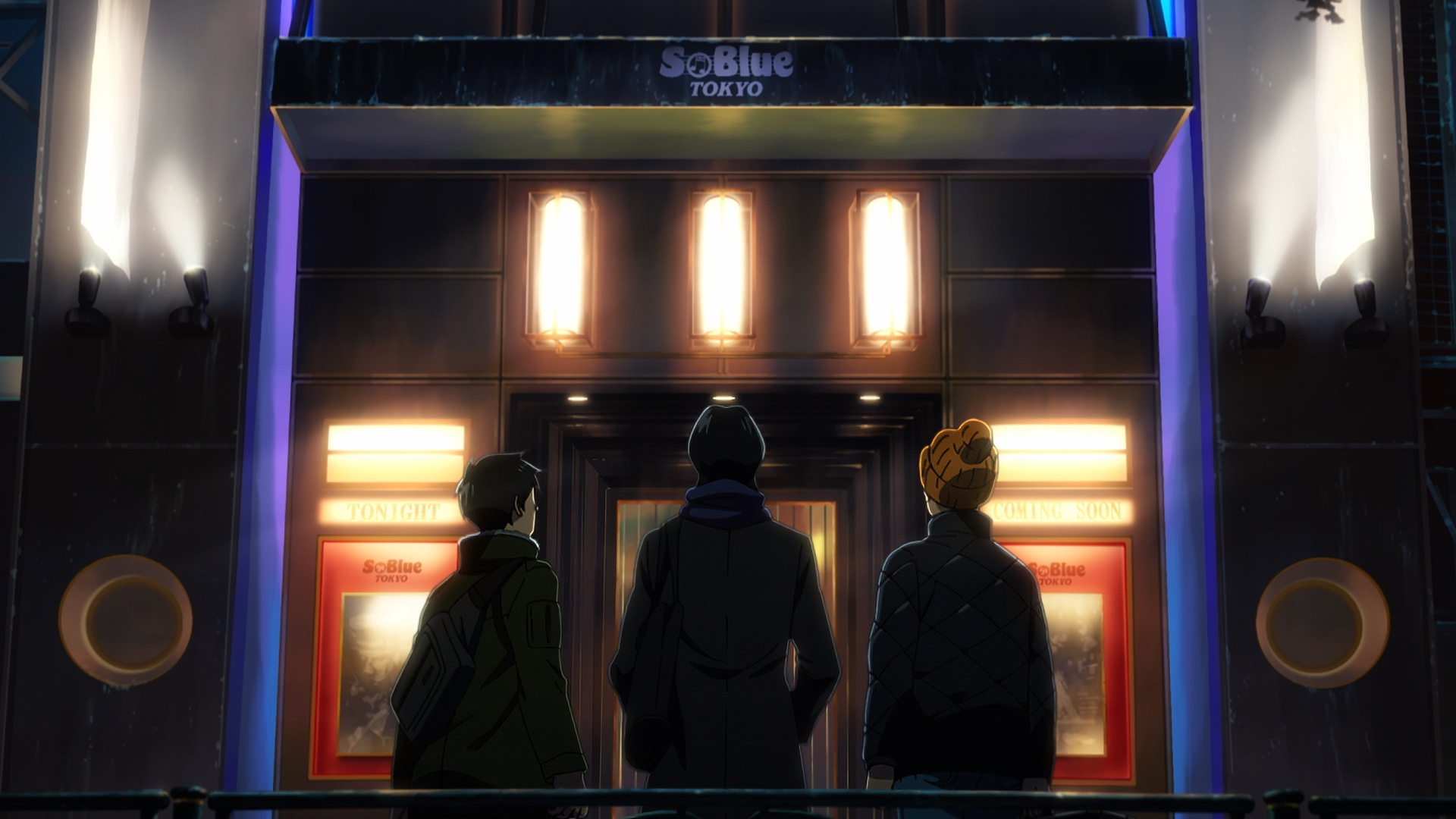 A vibrant HD wallpaper featuring characters from the anime Blue Giant, standing outside a brightly lit venue in Tokyo, embodying the essence of music and friendship.