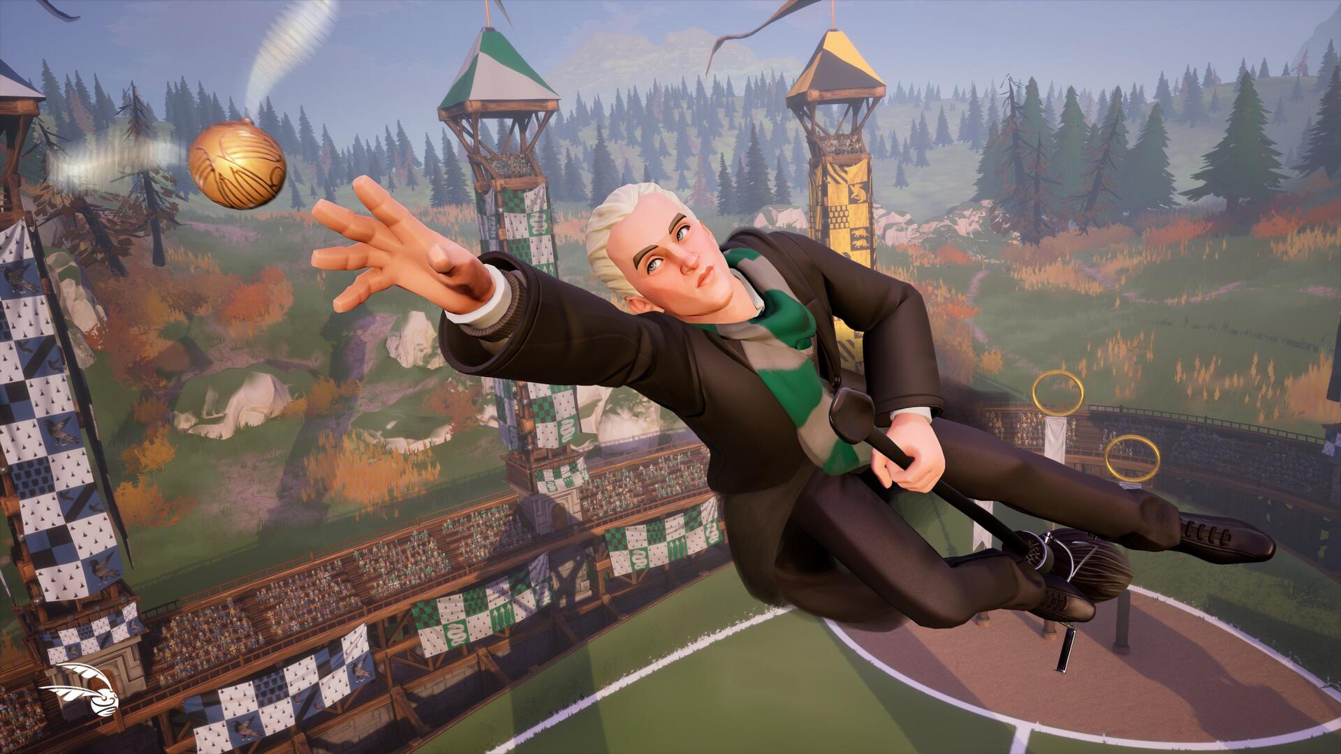 A dynamic HD wallpaper featuring Draco Malfoy from the video game Harry Potter: Quidditch Champions, showcasing the excitement of quidditch in a vibrant gaming setting.
