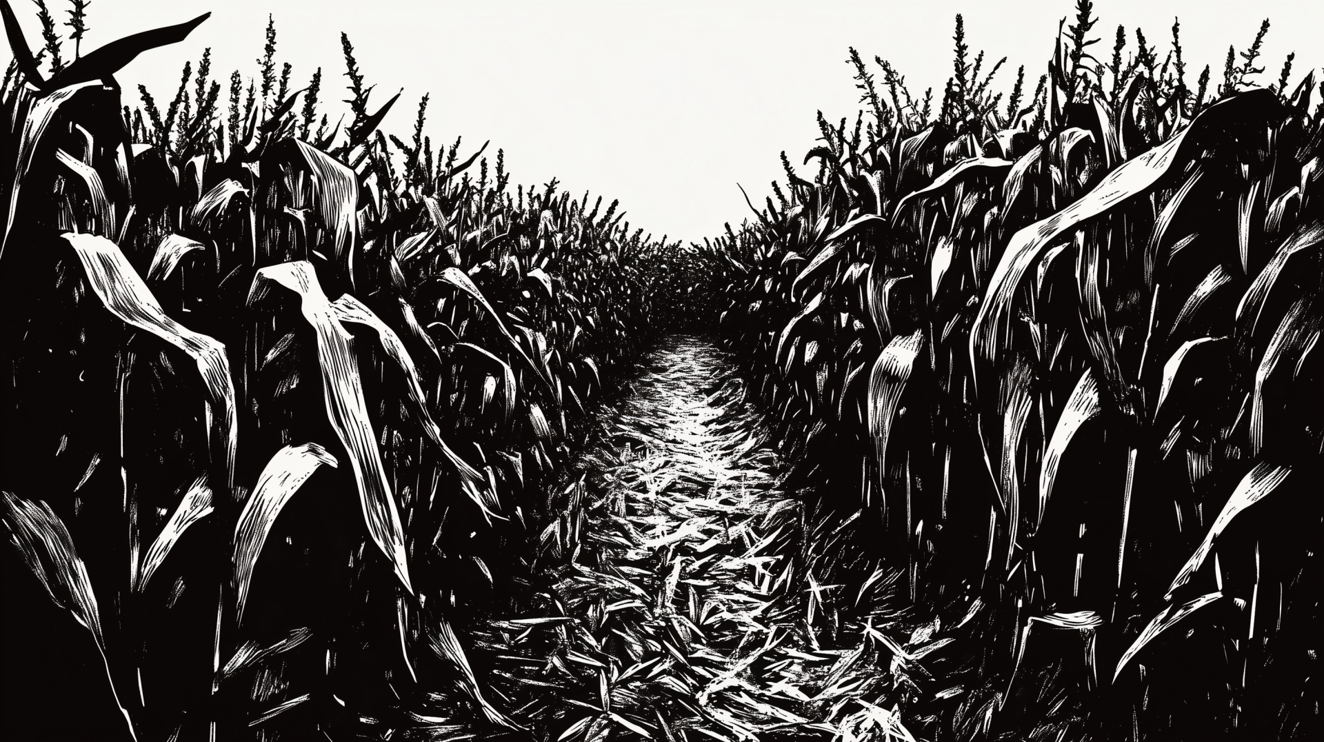 A striking black and white image of a corn maze, designed as an HD desktop wallpaper and background, showcasing intricate pathways amidst towering corn stalks.