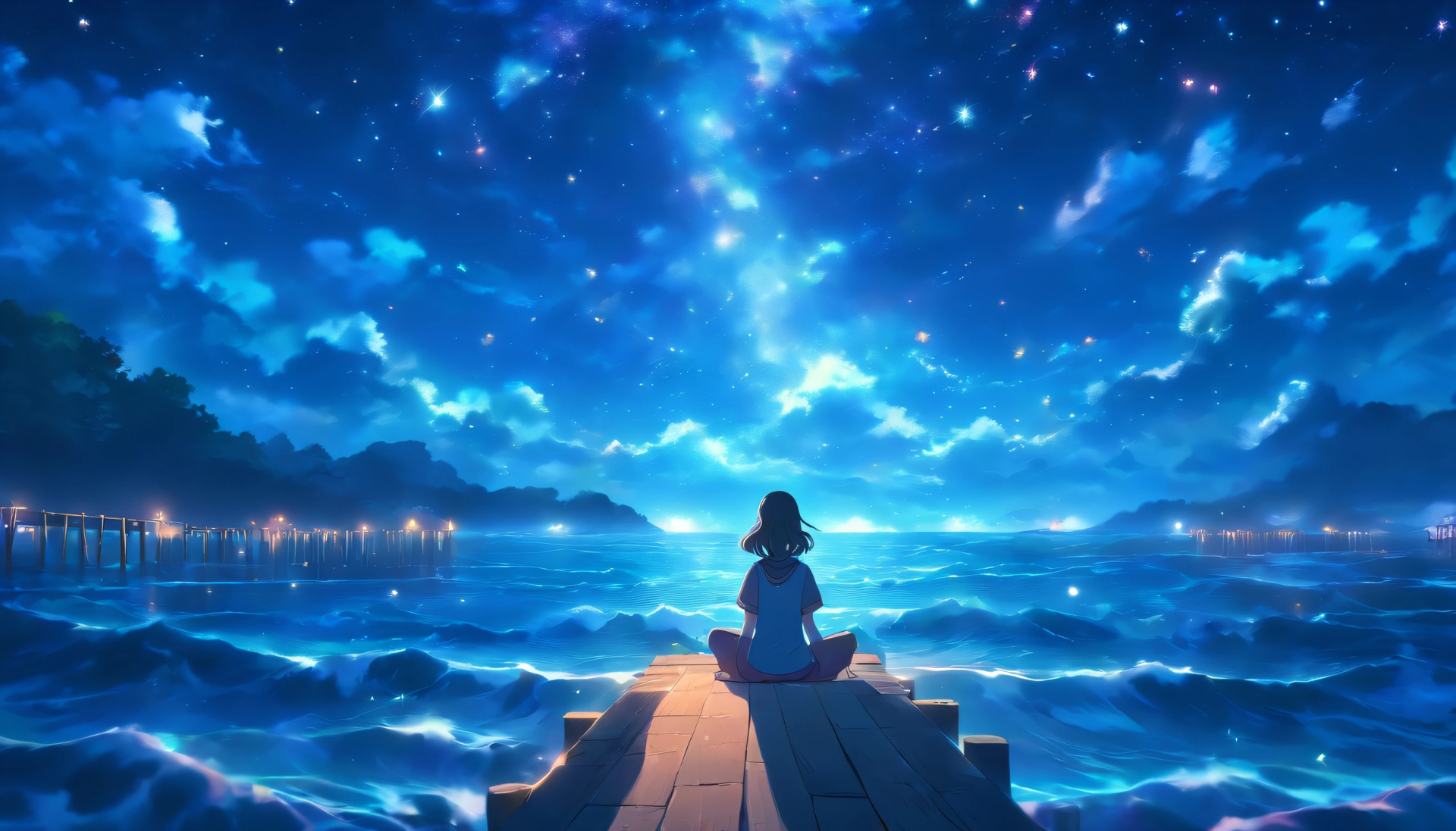 HD anime desktop wallpaper featuring an anime girl sitting on a wooden dock overlooking a glowing sea under a starry night sky in a vibrant anime landscape.
