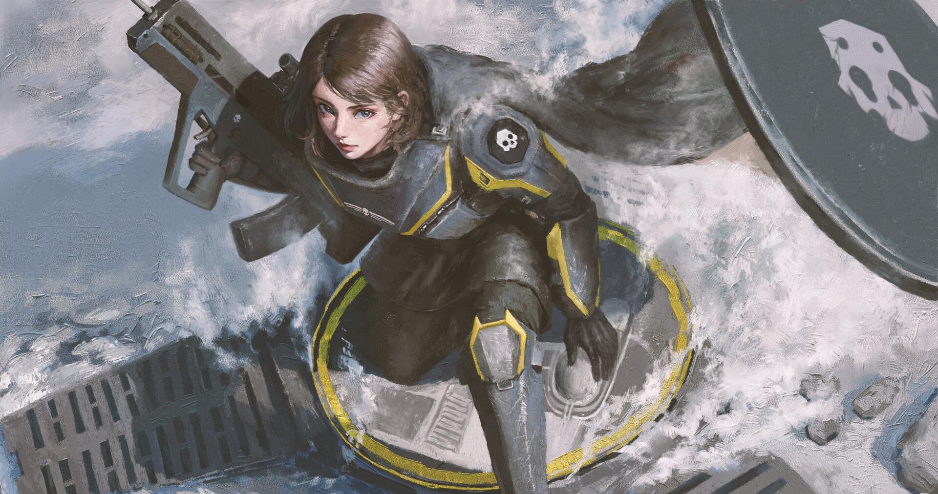 HD PC desktop wallpaper featuring a character in futuristic armor from the video game Helldivers 2, set against a dynamic, action-packed background.