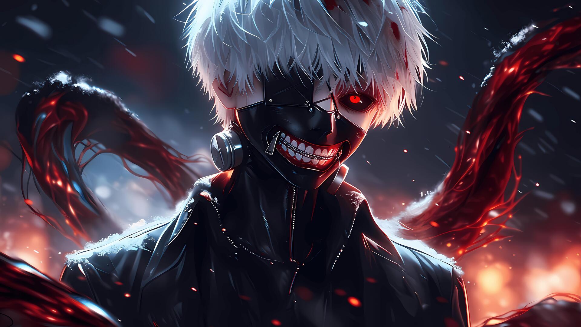 4K Ultra HD Tokyo Ghoul desktop wallpaper featuring Ken Kaneki with white hair, black mask, and glowing red kagune wings against a dark, fiery background.