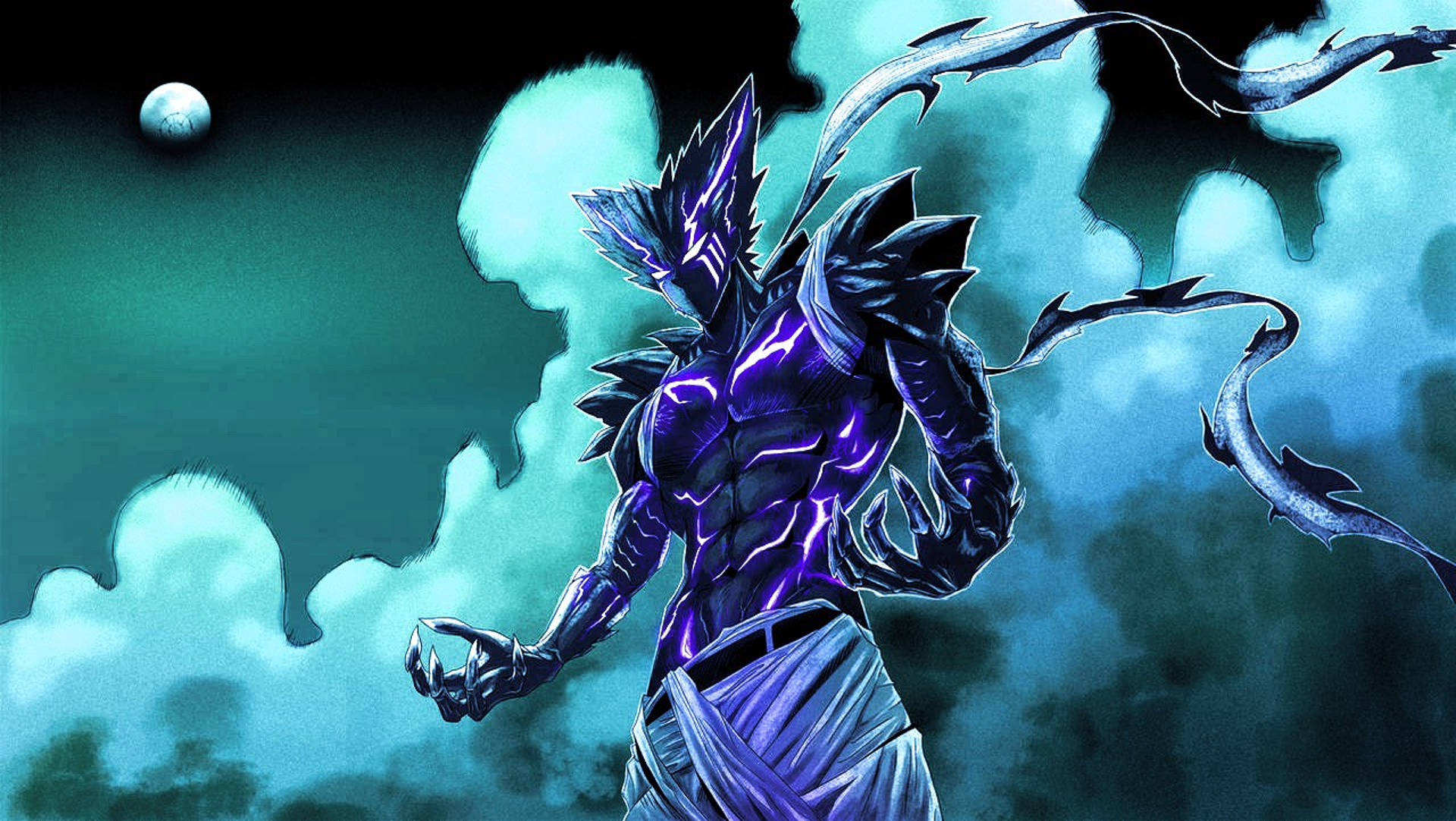 HD PC desktop wallpaper featuring Garou from One-Punch Man, depicted with glowing purple energy against a dramatic cloudy sky backdrop.