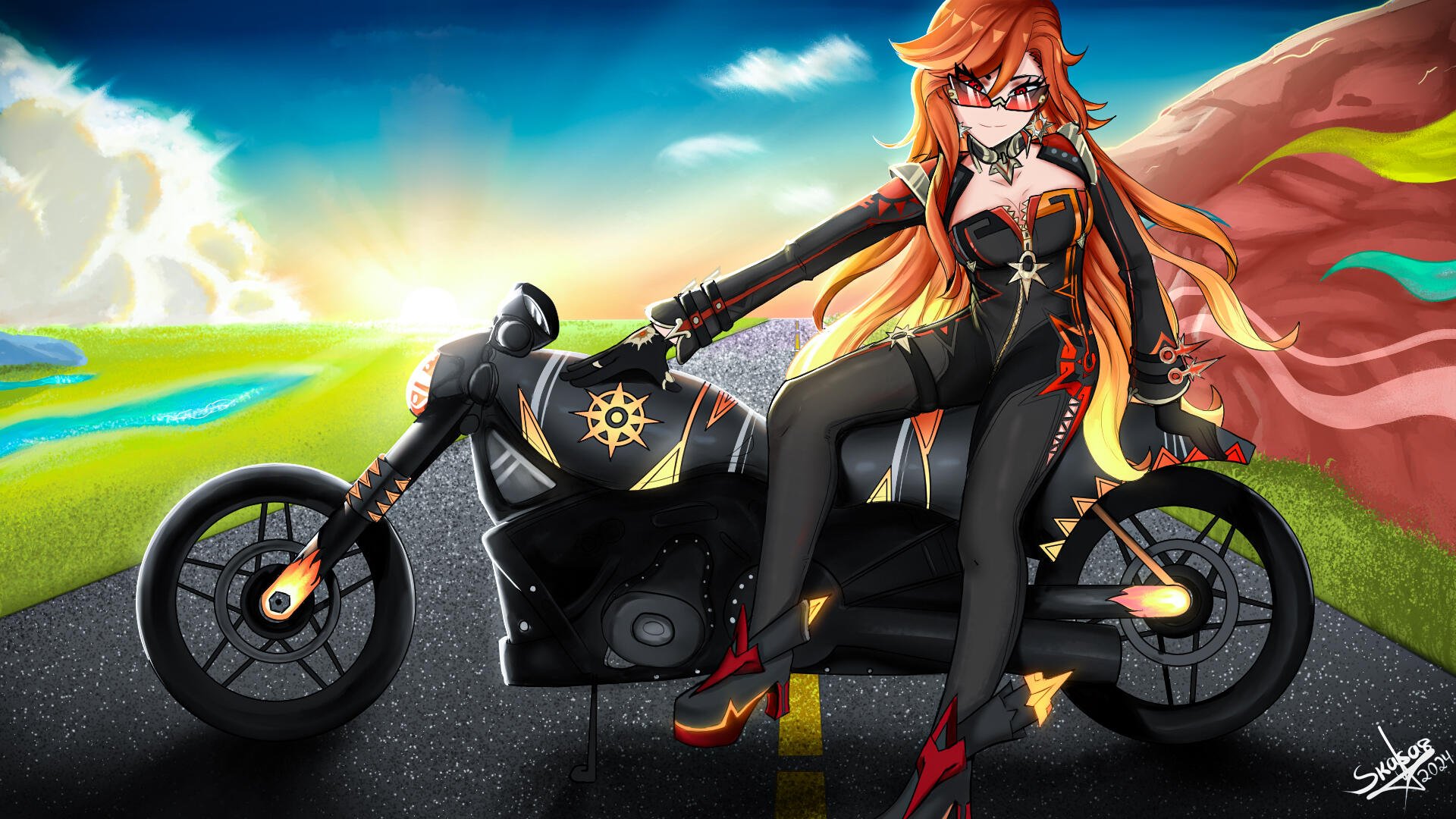 Mavuika from Genshin Impact as a fiery biker on a sleek black motorcycle, set against a vibrant landscape, featuring Natlan-inspired elements in this HD PC desktop wallpaper.