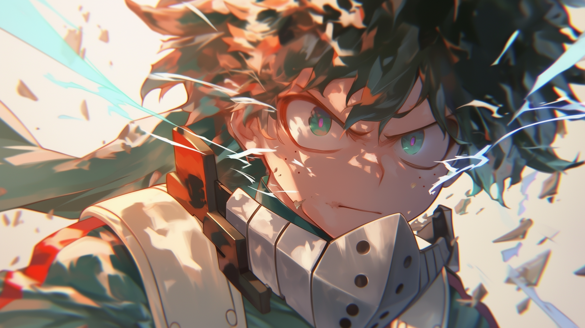 HD PC wallpaper featuring AI art of Izuku Midoriya from My Hero Academia with dynamic lighting and intense expression.