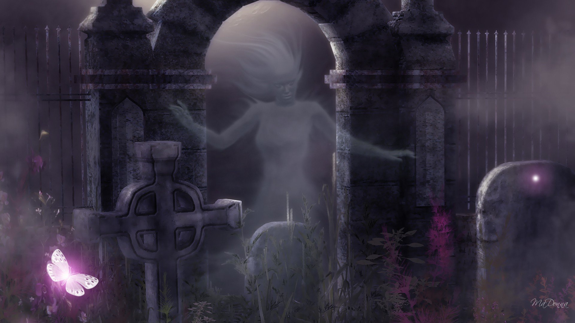 HD desktop wallpaper depicting a ghostly figure emerging from an ancient stone archway in a dark, misty graveyard. A glowing butterfly adds a touch of light to the eerie scene.