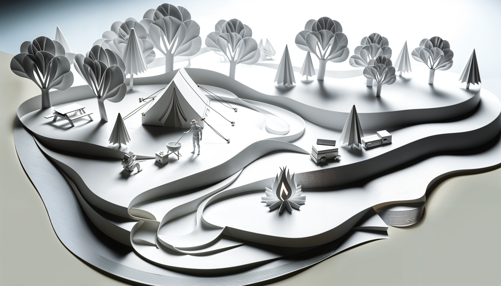 A minimalist paper art depiction of a camping scene, featuring a tent, trees, and a campfire, showcased as a 4K Ultra HD desktop wallpaper and background.
