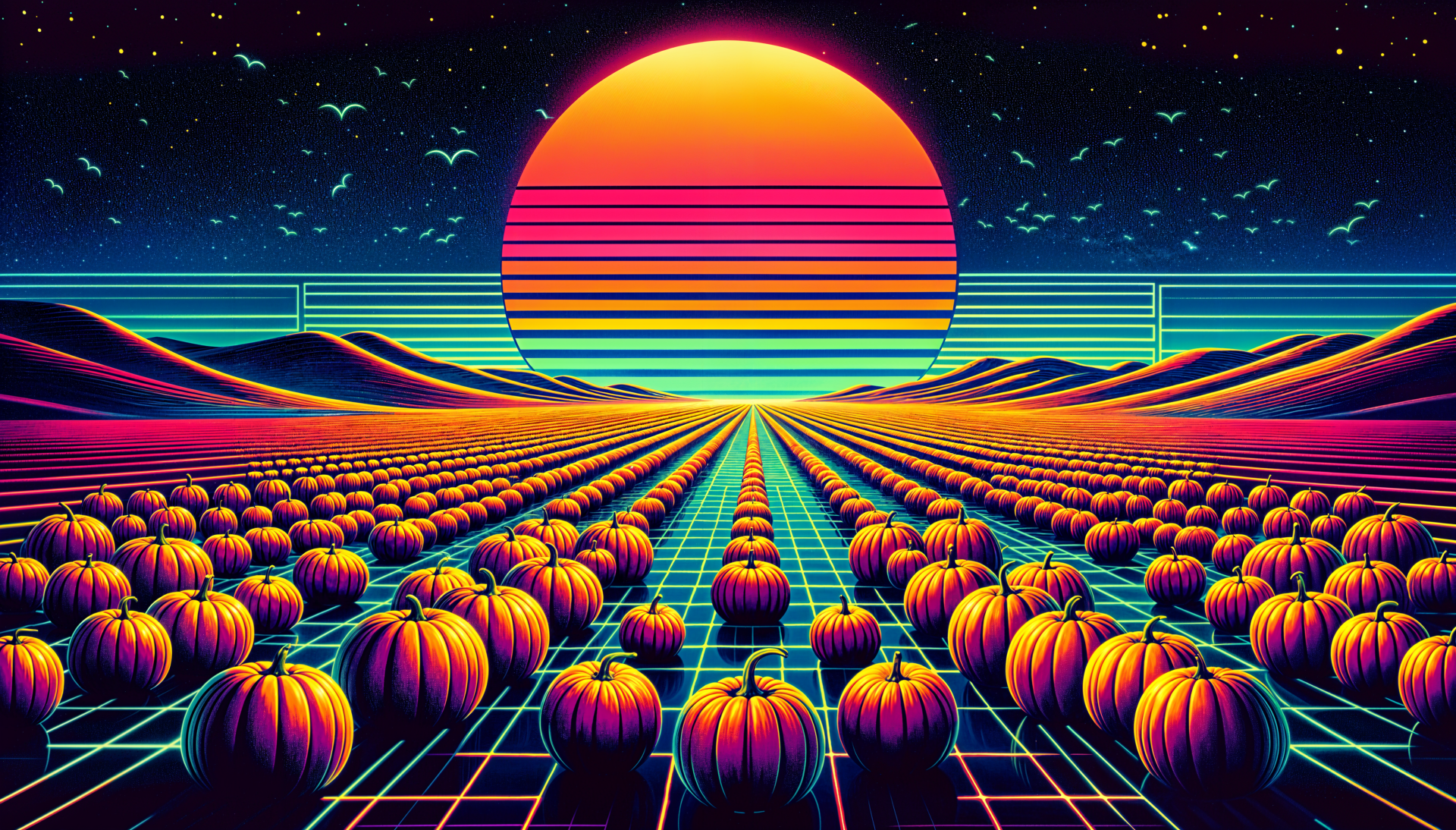 A vibrant retro-style 4K Ultra HD landscape of a pumpkin patch under a glowing striped sun at dusk, blending neon colors with a futuristic grid pattern.