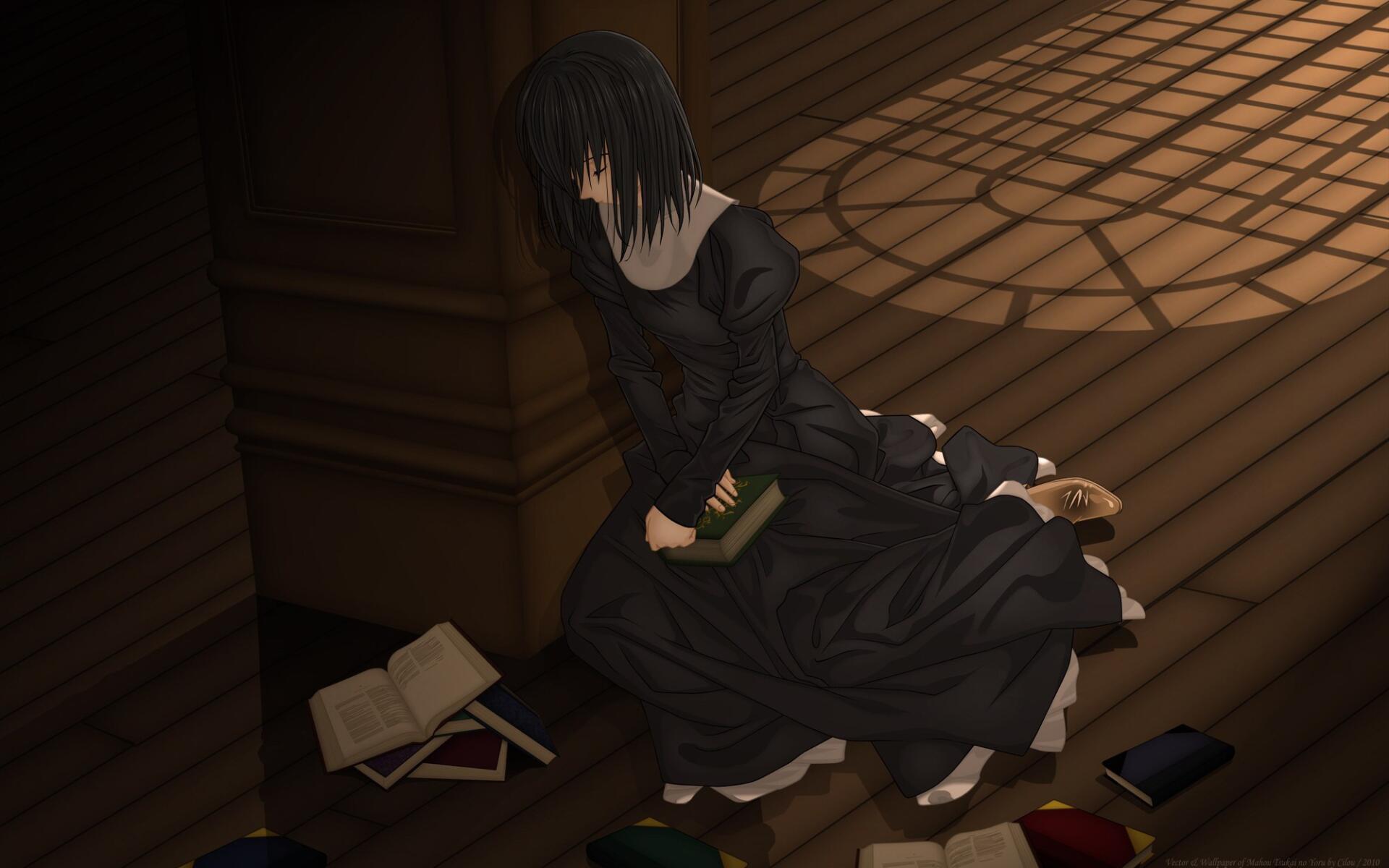 A somber scene from the anime Mahōtsukai no Yoru, featuring a girl in a dark dress, sitting among scattered books, conveying a sense of sadness. High-definition PC desktop wallpaper.