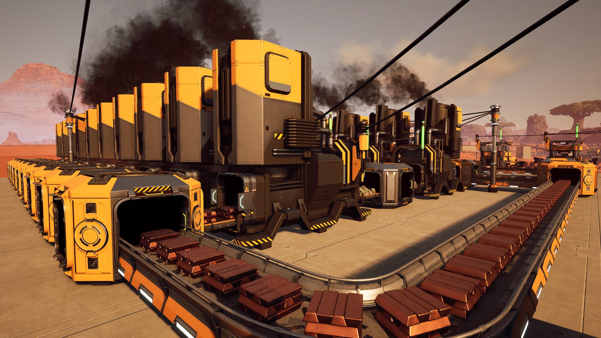A detailed HD desktop wallpaper from the video game Satisfactory, showcasing industrial machinery and conveyor belts against a backdrop of smoke and a vibrant sky.