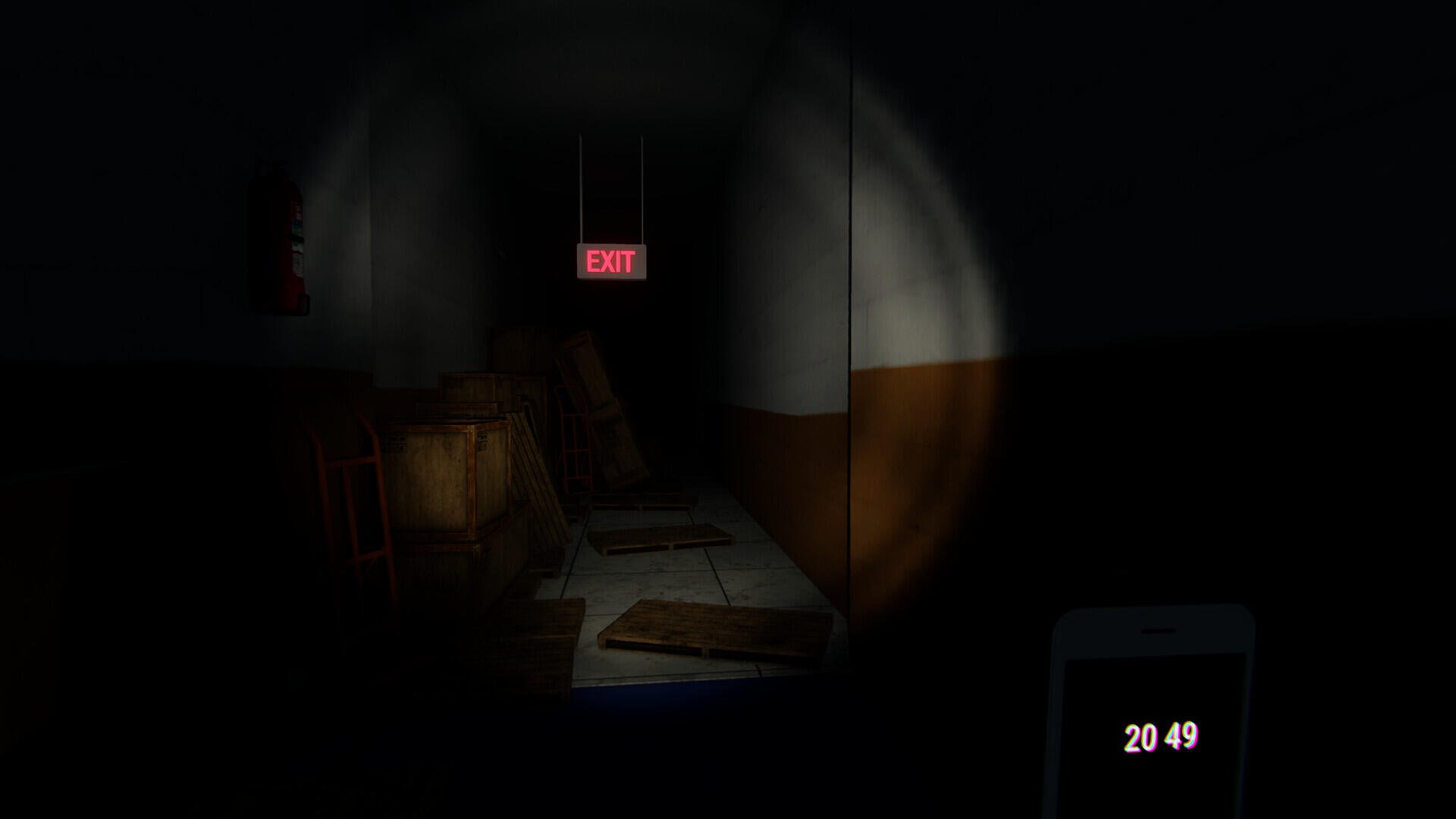 A dark, atmospheric scene from the video game Mannequin (2024), featuring a dimly lit hallway with an exit sign, creating a sense of tension and mystery. HD PC desktop wallpaper.