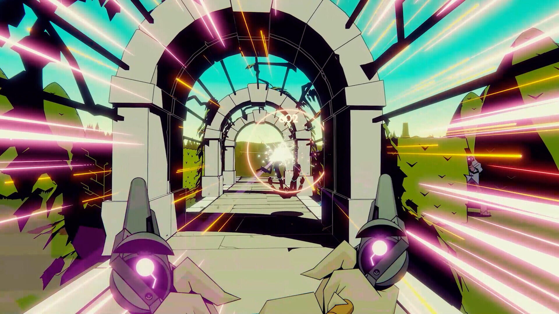 A vibrant HD PC desktop wallpaper from the video game Wild Bastards, featuring a dynamic perspective with colorful energy beams and an architectural tunnel design.