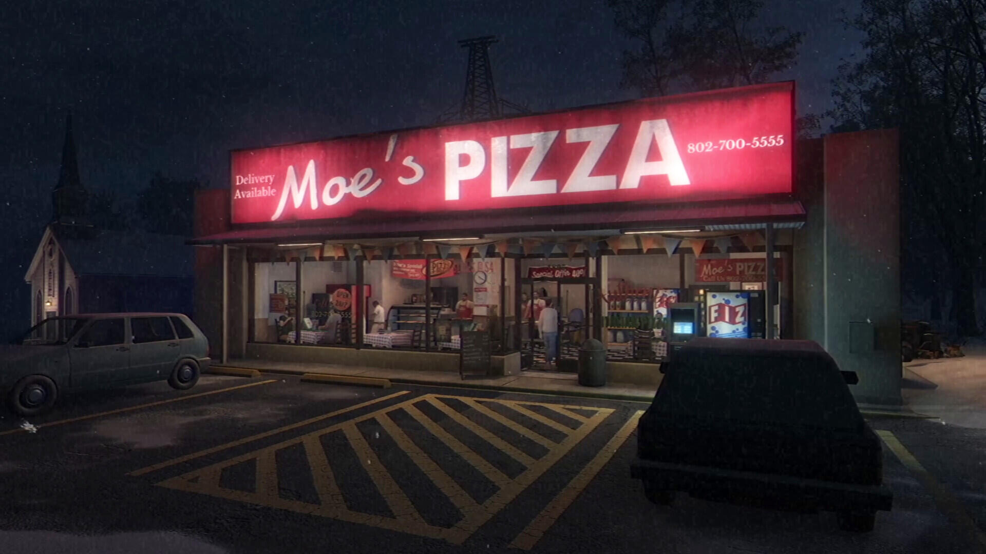 A vibrant HD wallpaper featuring Moe's Pizza shop from the video game Fears to Fathom - Woodbury Getaway, illuminated at night with a classic storefront design.