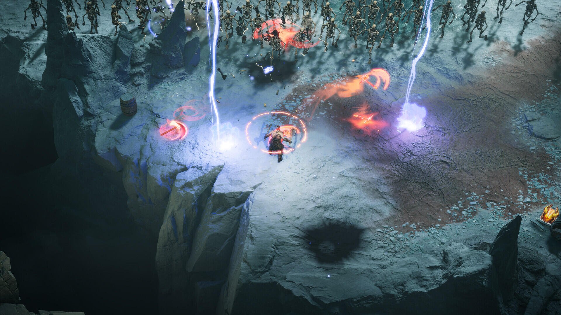 A high-definition wallpaper from the video game Jotunnslayer: Hordes of Hel, featuring dynamic lightning effects and a character amidst an otherworldly landscape.