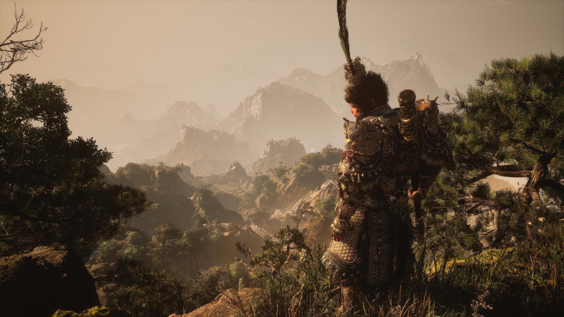 A stunning 4K Ultra HD wallpaper from the video game Black Myth: Wukong, featuring a character standing in a lush, mountainous landscape, surrounded by misty peaks.