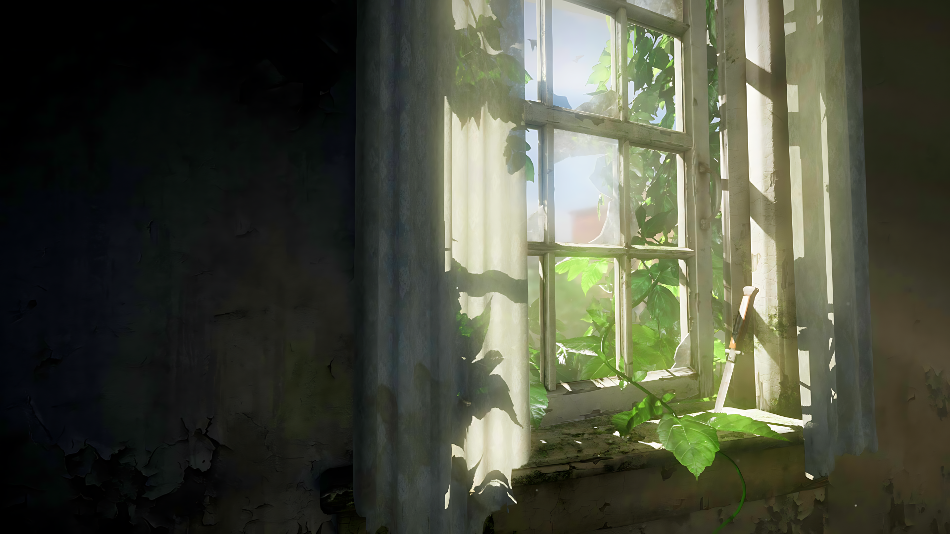 Sunlight streams through an old, vine-covered window in a decayed room, captured in an 8K Ultra HD PC desktop wallpaper inspired by The Last Of Us.