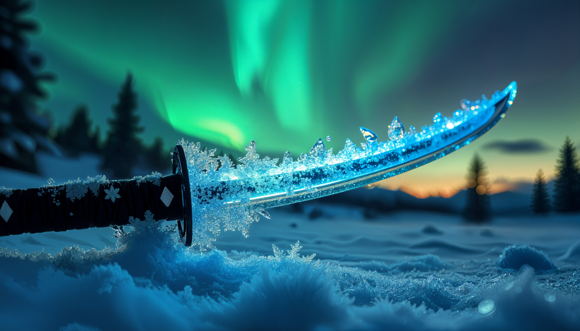 A stunning 4K Ultra HD wallpaper featuring a katana with a shimmering, icy blade, set against a backdrop of the Northern Lights illuminating a snowy landscape.