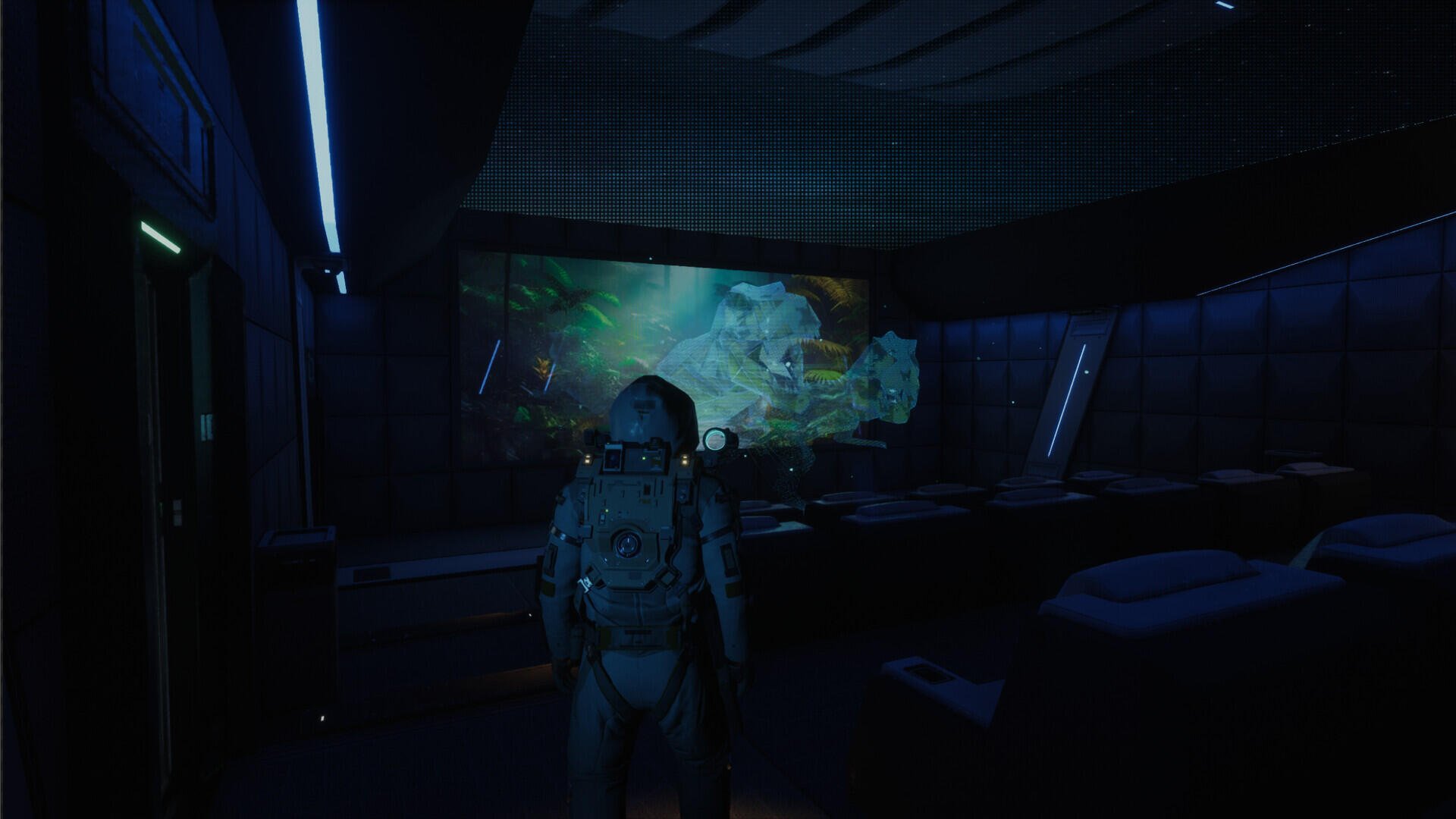 A futuristic astronaut stands in a dimly lit room, facing a vibrant display of digital graphics, embodying the immersive experience of the video game EVOTINCTION.