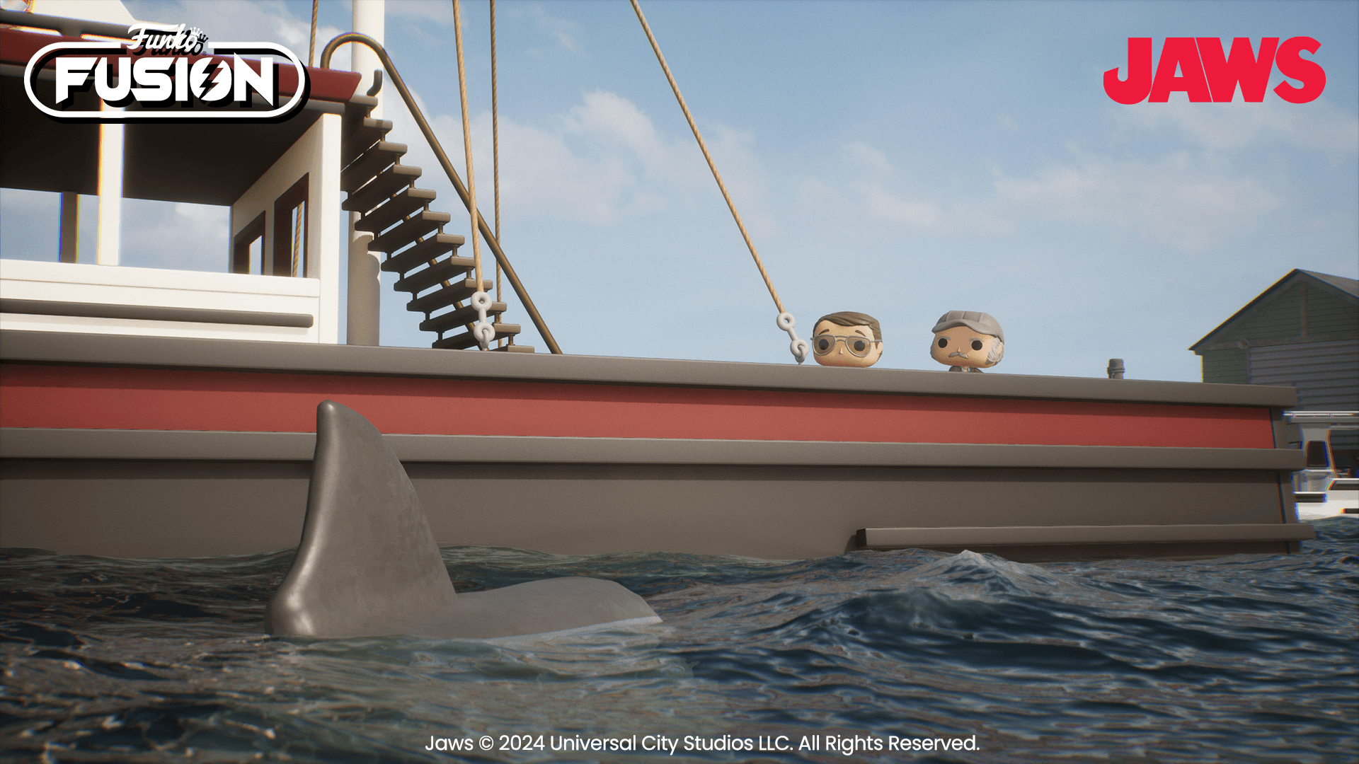 A vibrant HD desktop wallpaper featuring characters from Funko Fusion, showcasing a scene with a shark near a boat, inspired by the classic film Jaws.