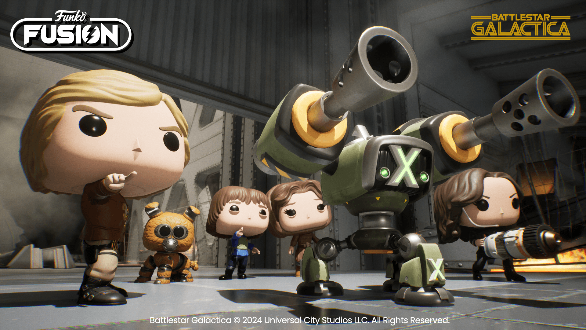 A vibrant HD wallpaper featuring Funko Fusion characters from Battlestar Galactica, showcasing diverse figures and a robotic companion in a dynamic setting.