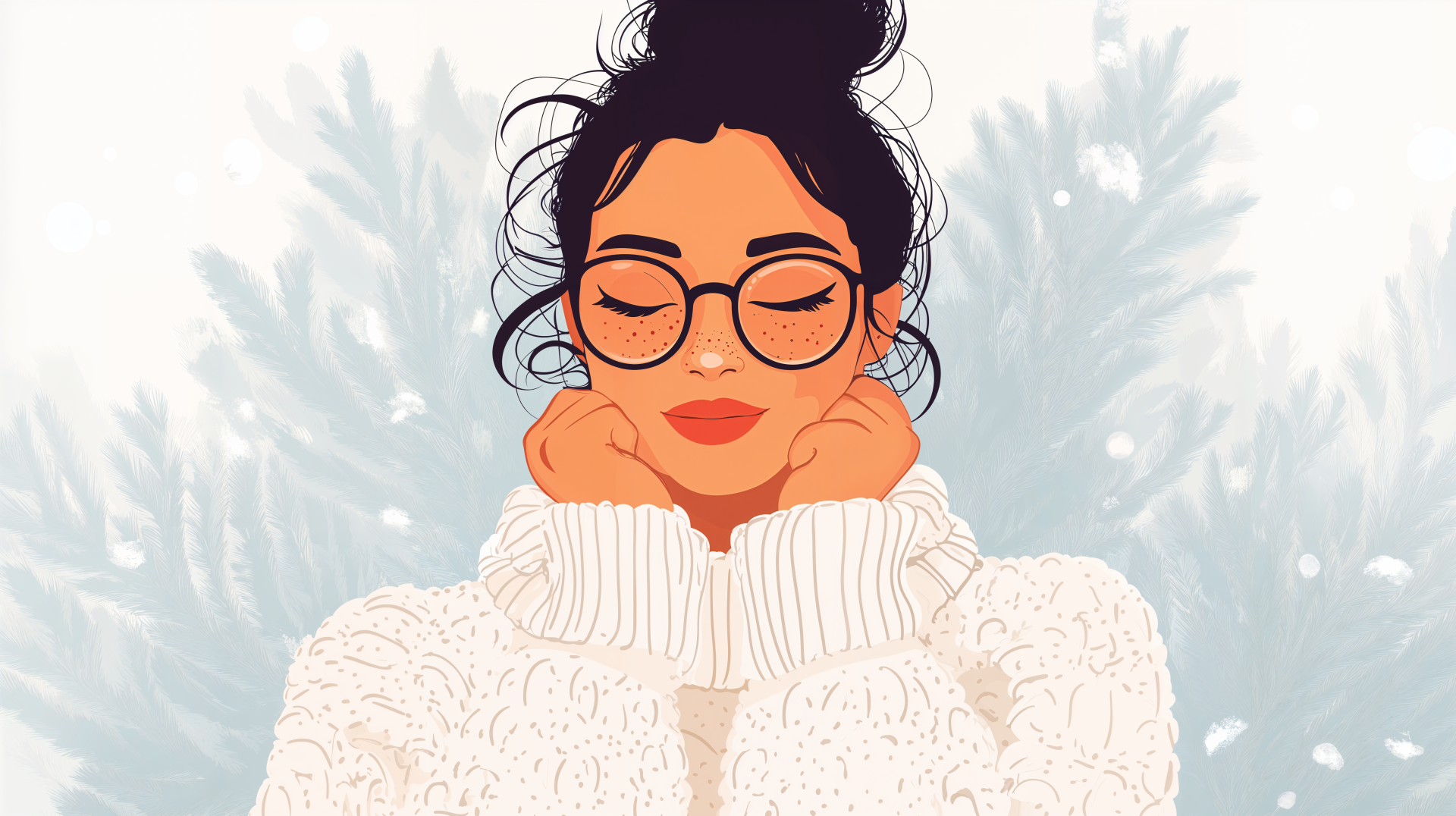 A woman in a cozy sweater looks happy, with her eyes closed and hands on her cheeks, set against a soft background of greenery. This image serves as a 4K Ultra HD desktop wallpaper.