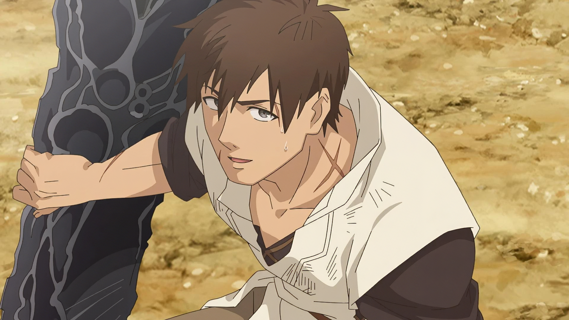An anime character with tousled brown hair gazes pensively upwards, set against a textured earthy background, in this HD desktop wallpaper tagged I Parry Everything.