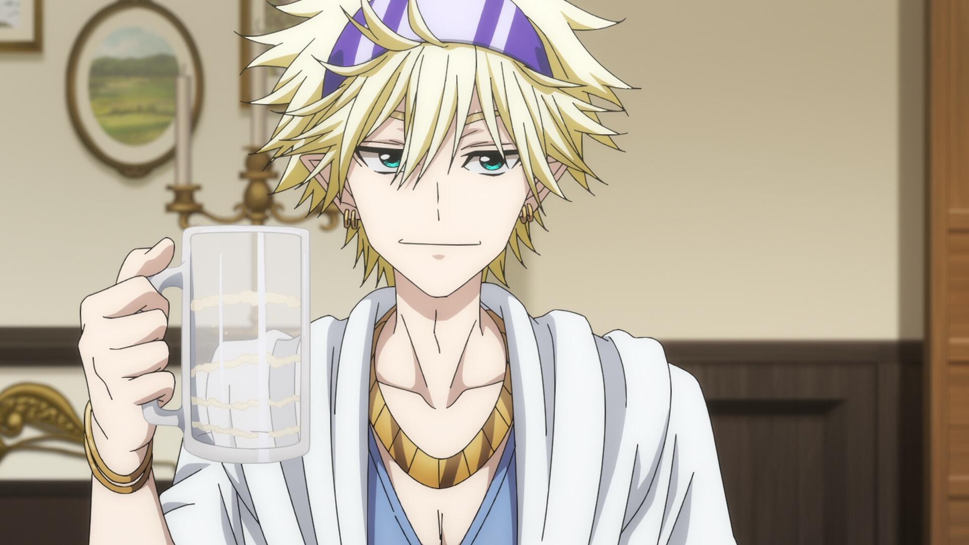 A character from the anime The Ossan Newbie Adventurer holds a large mug with a confident expression, set against a cozy indoor background, designed as a HD PC desktop wallpaper.