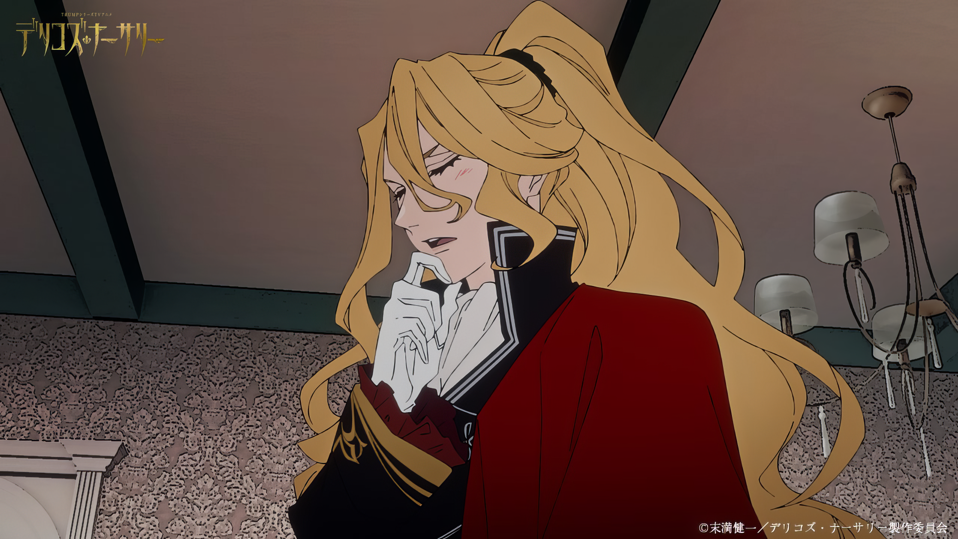 A character with long blonde hair, wearing a red cloak, stands thoughtfully in a beautifully designed room. This HD anime wallpaper captures a moment from Delico's Nursery.