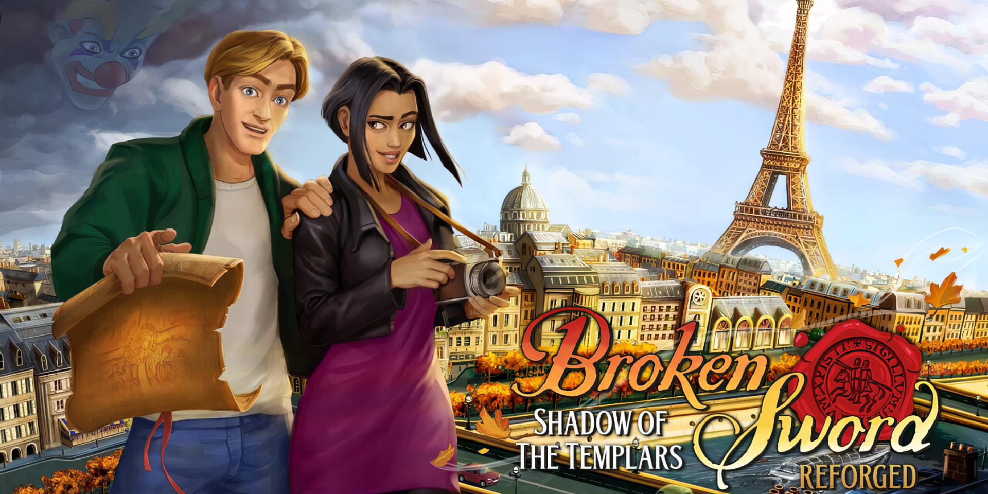 HD desktop wallpaper featuring characters from the video game Broken Sword - Shadow of the Templars: Reforged, set against a backdrop of Paris and the Eiffel Tower.