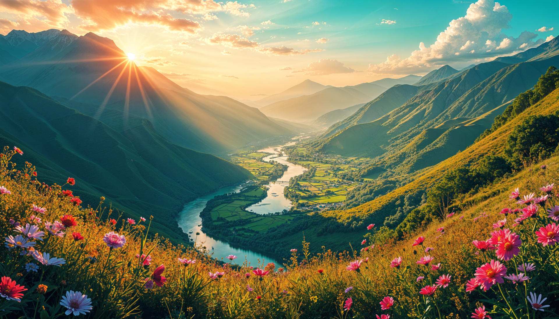 A breathtaking valley scene at sunrise, featuring vibrant flowers, rolling hills, and a winding river, captured in stunning 4K Ultra HD as a desktop wallpaper.
