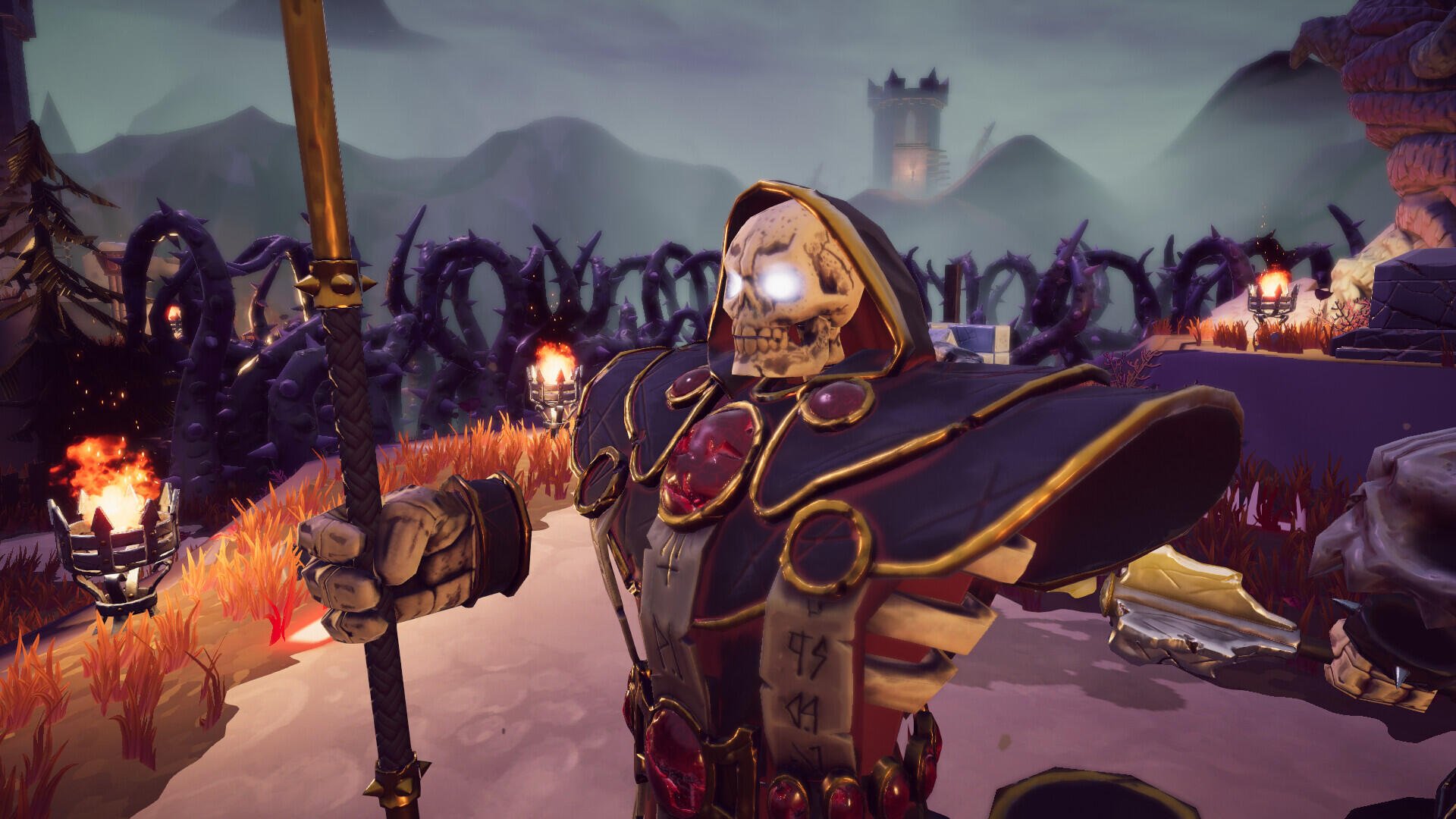 A vibrant HD desktop wallpaper featuring a skeletal character from the video game Toy Tactics, set against a dark fantasy landscape with eerie elements and a distant castle.