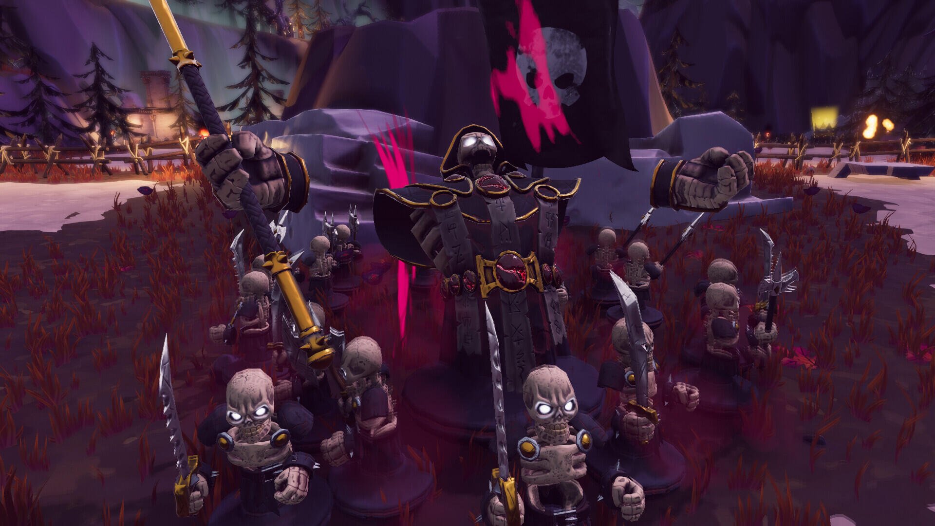 HD PC desktop wallpaper from the video game Toy Tactics, featuring a dark, eerie battlefield with armored skeleton warriors ready for combat.