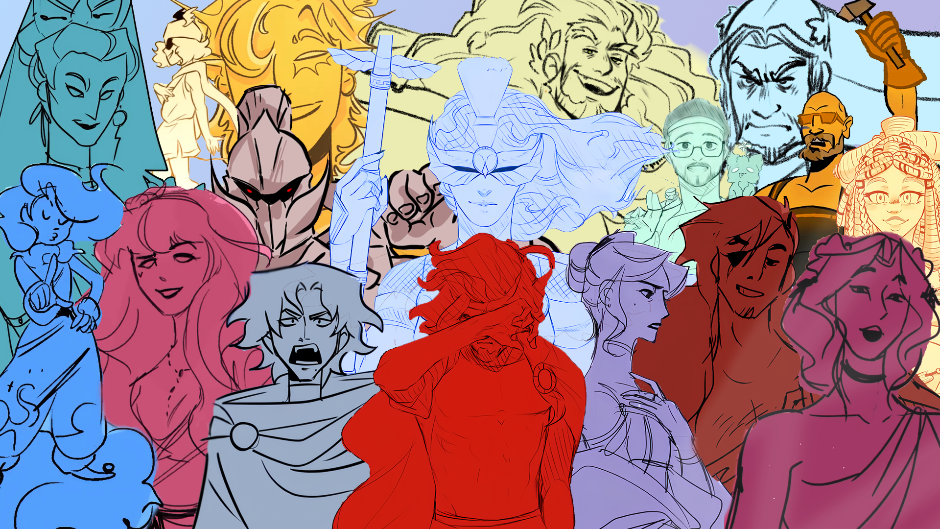 HD PC desktop wallpaper featuring colorful artistic sketches inspired by Epic: The Musical, depicting Odysseus, Zeus, and other mythological characters.