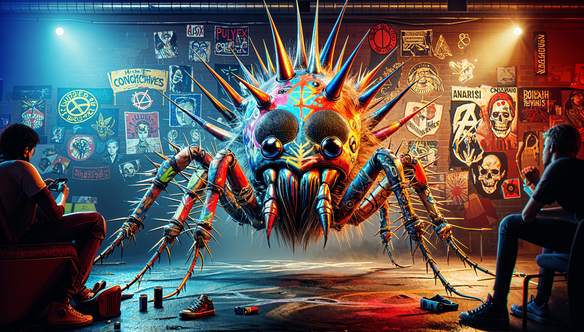 A vibrant 4K Ultra HD digital art wallpaper featuring a punk-inspired spider with graffiti and colorful urban elements in a dynamic, edgy setting.
