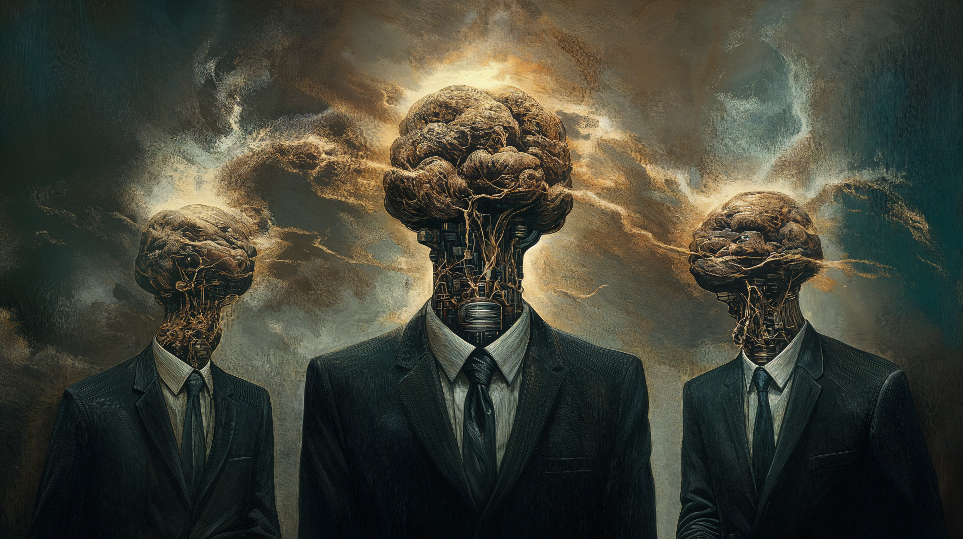 A surreal 4K Ultra HD image depicting three suited figures with explosive, brain-like heads, symbolizing corporatism amidst a dramatic, stormy backdrop.