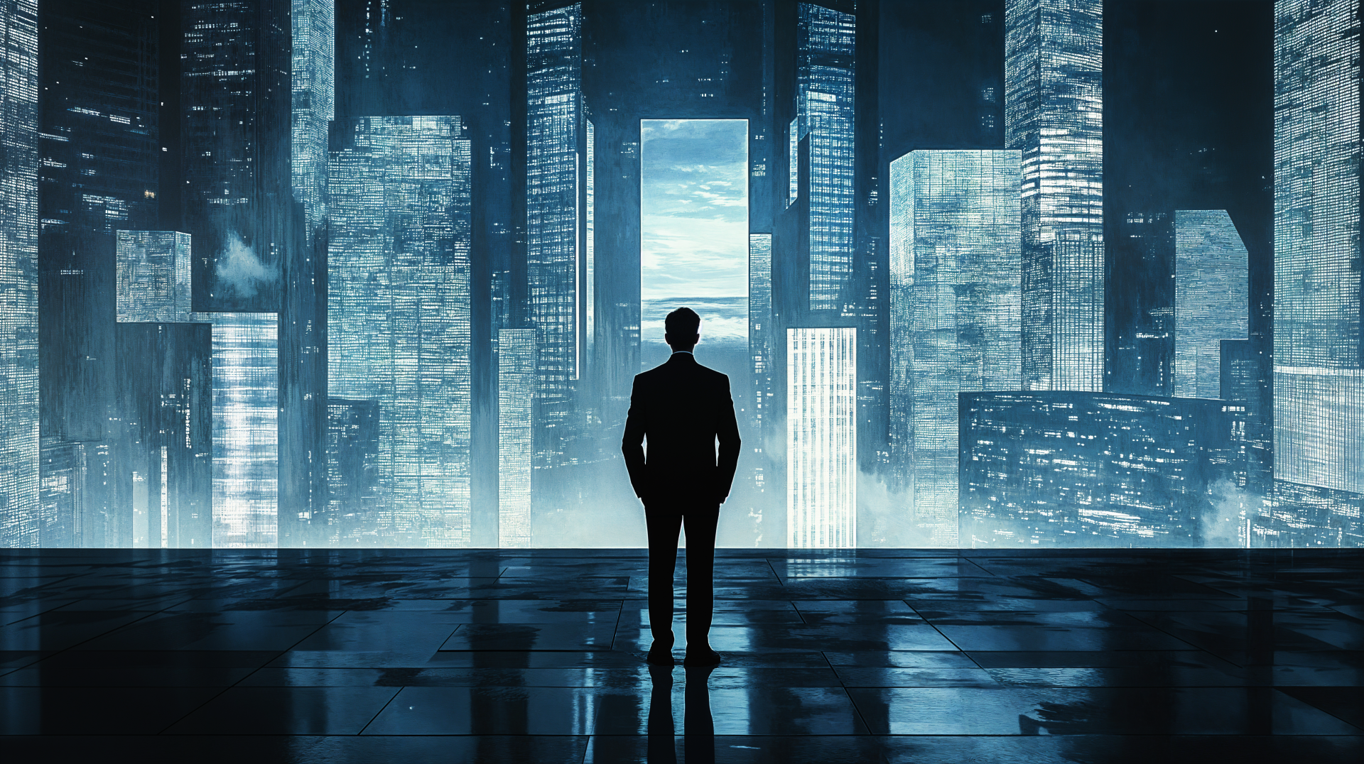 A businessman stands in silhouette against a vibrant cityscape, highlighting the striking contrast between his figure and the illuminated skyscrapers. A stunning 4K Ultra HD backdrop.