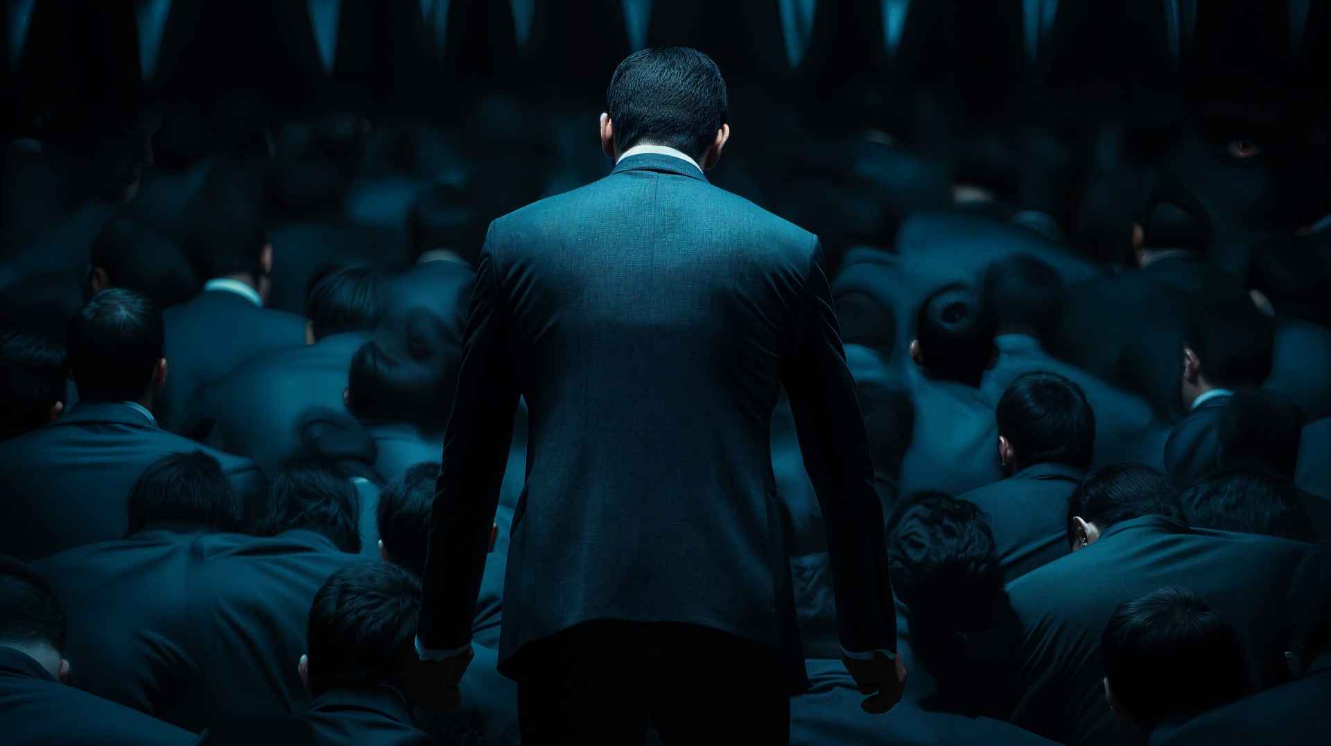 A businessman in a suit stands confidently at the forefront, facing a crowd of similarly dressed figures, embodying themes of corporatism and ambition. 4K Ultra HD quality enhances the dramatic effect.