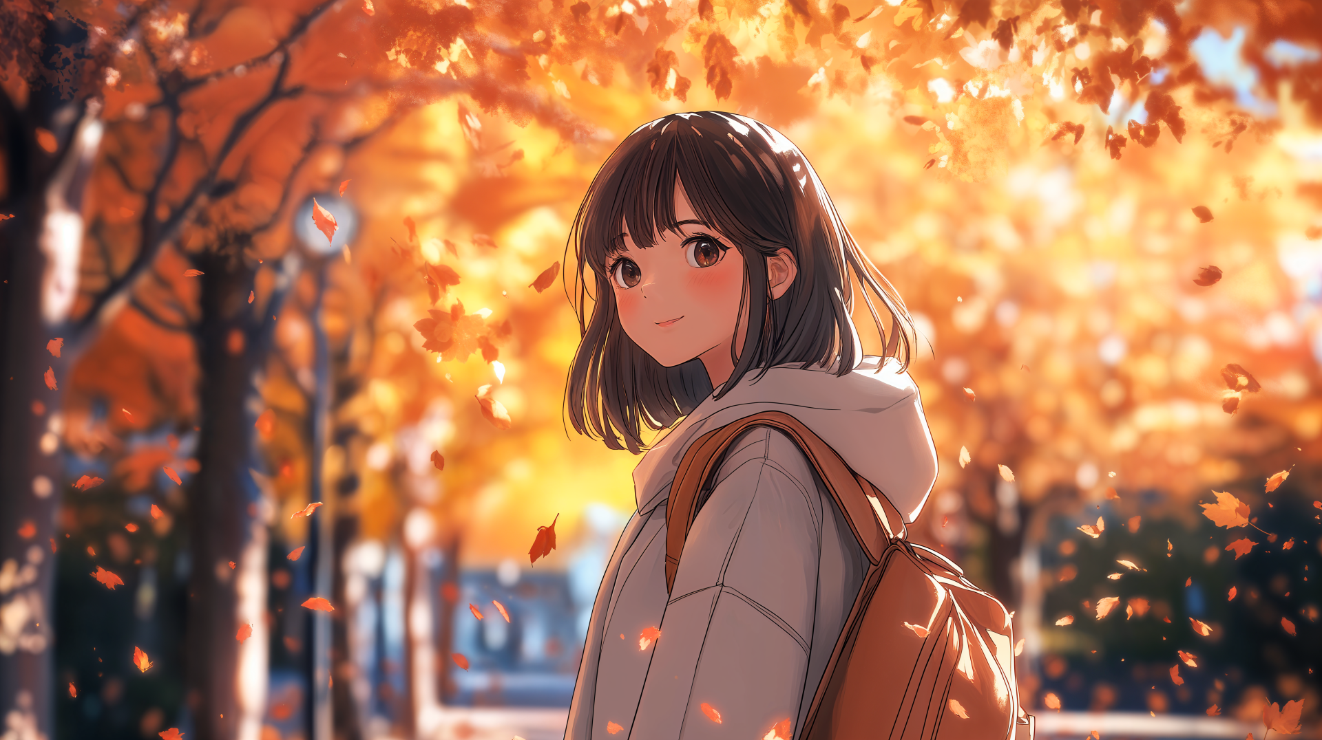 An anime girl smiles among vibrant autumn leaves, wearing a cozy sweater and carrying a backpack. This 4K Ultra HD wallpaper captures a serene fall scene.