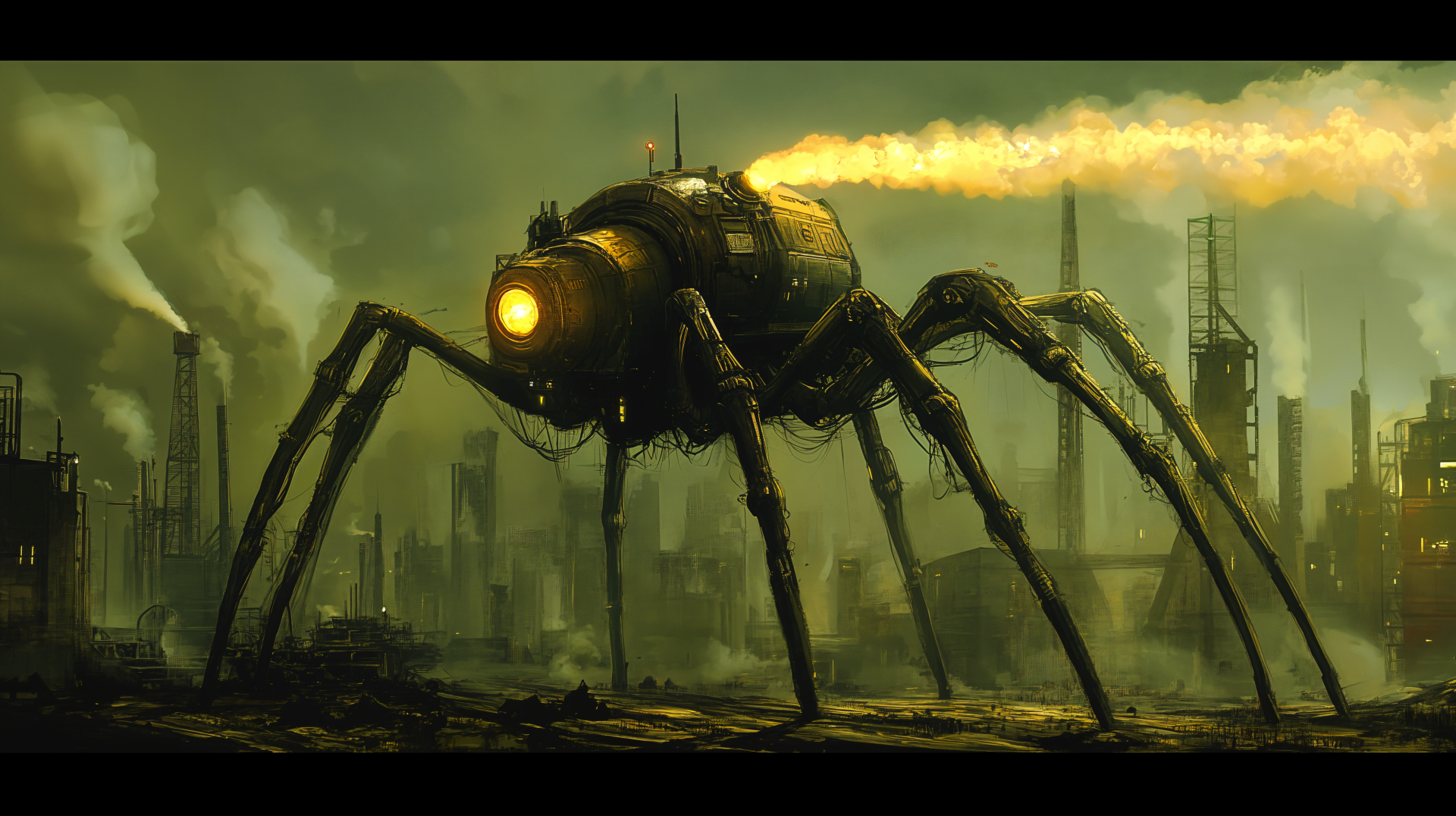 A striking dieselpunk scene featuring a giant spider-like machine looming over a smoky industrial landscape, illuminated with an eerie yellow glow, in a stunning 4K Ultra HD format.