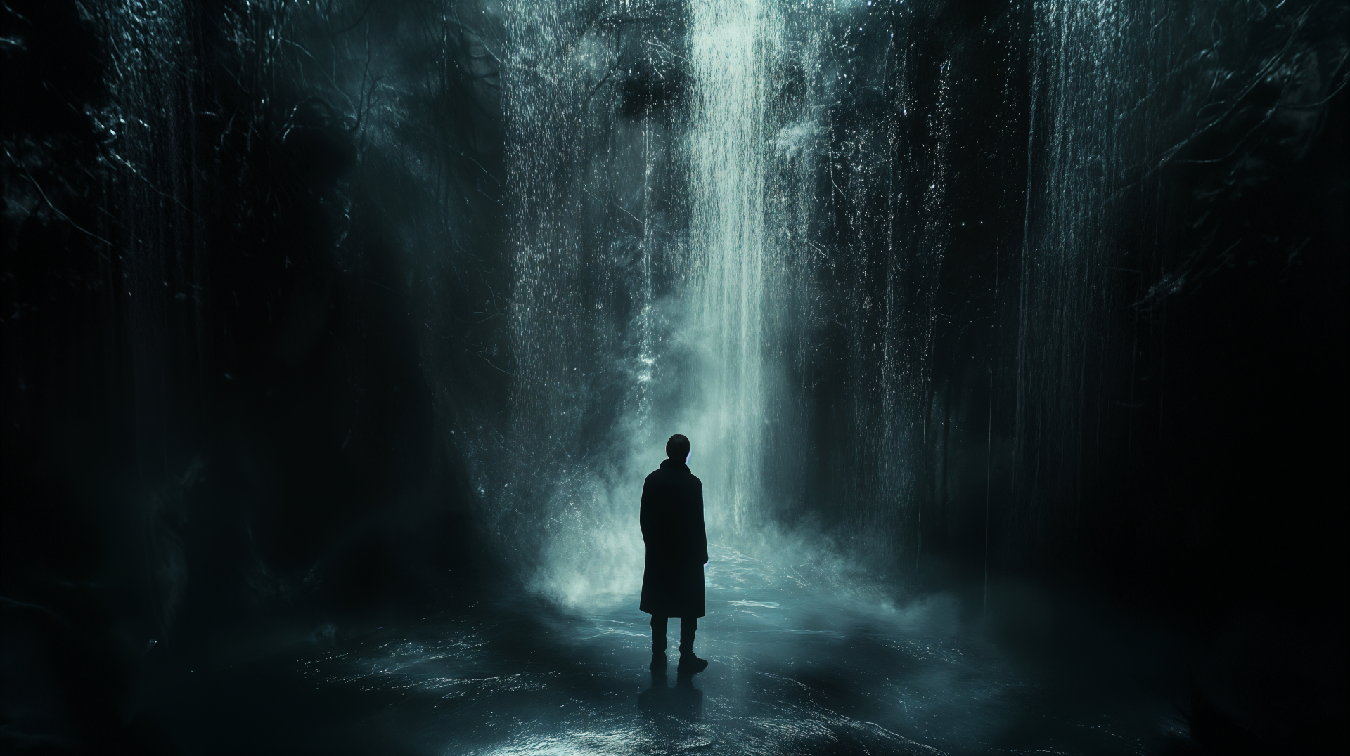 A solitary man stands in a misty cavern, illuminated by a cascading waterfall, creating a dramatic and immersive atmosphere in this 4K Ultra HD desktop wallpaper.