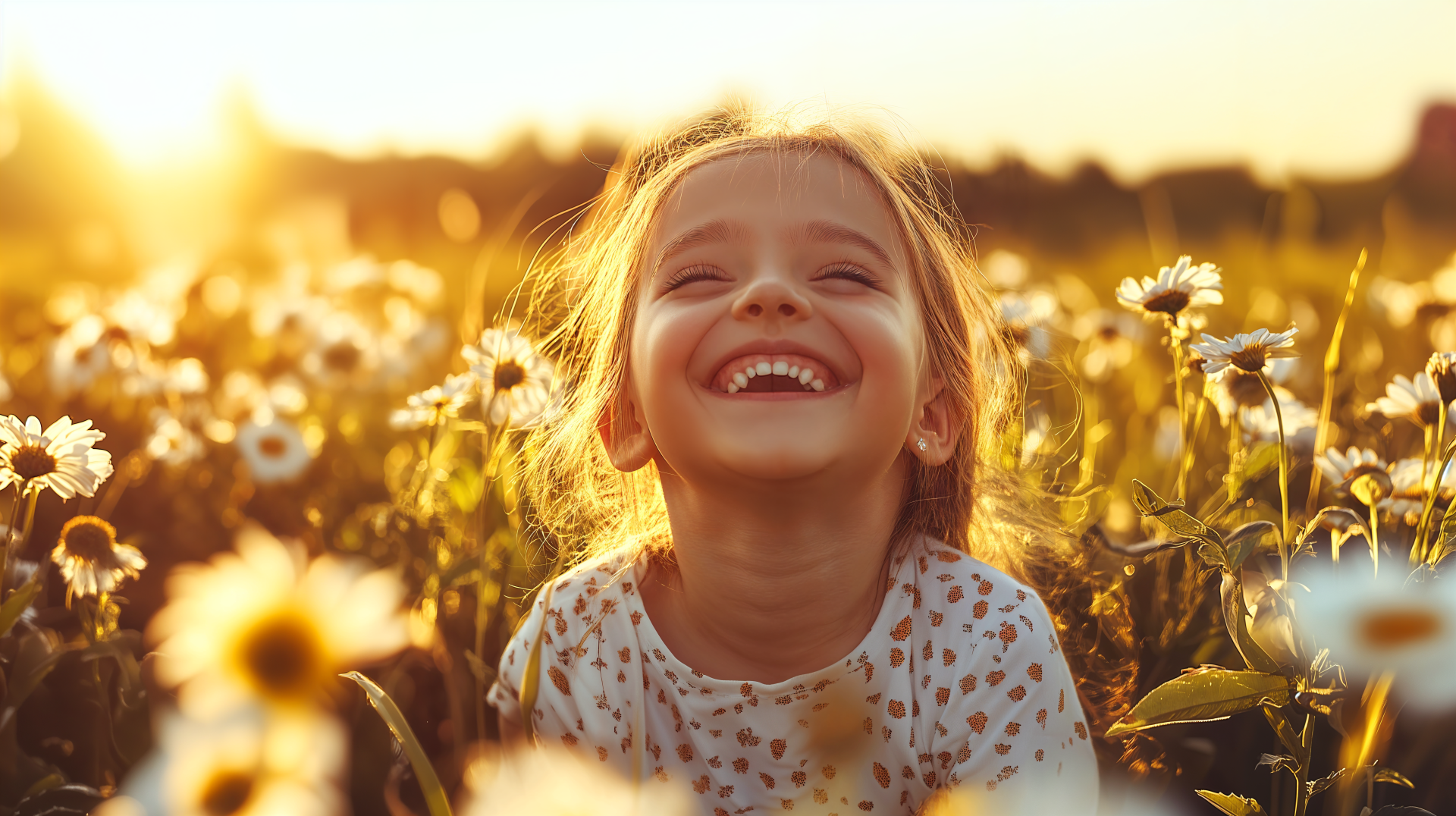 A joyful child with a big smile sits amidst a field of flowers, radiating happiness as the warm sunlight casts a golden glow, making it an uplifting 4K Ultra HD desktop wallpaper.
