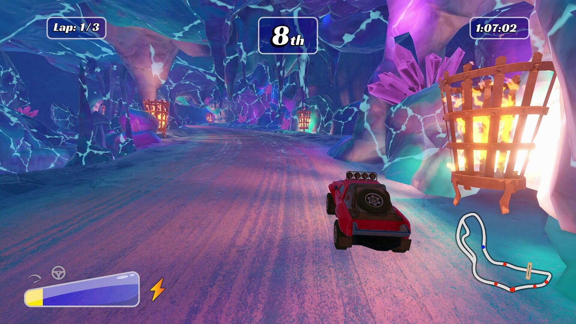 Vibrant HD wallpaper from the video game Matchbox Driving Adventures, featuring a colorful racing scene with a car navigating a mystic, cavernous track illuminated by glowing formations.