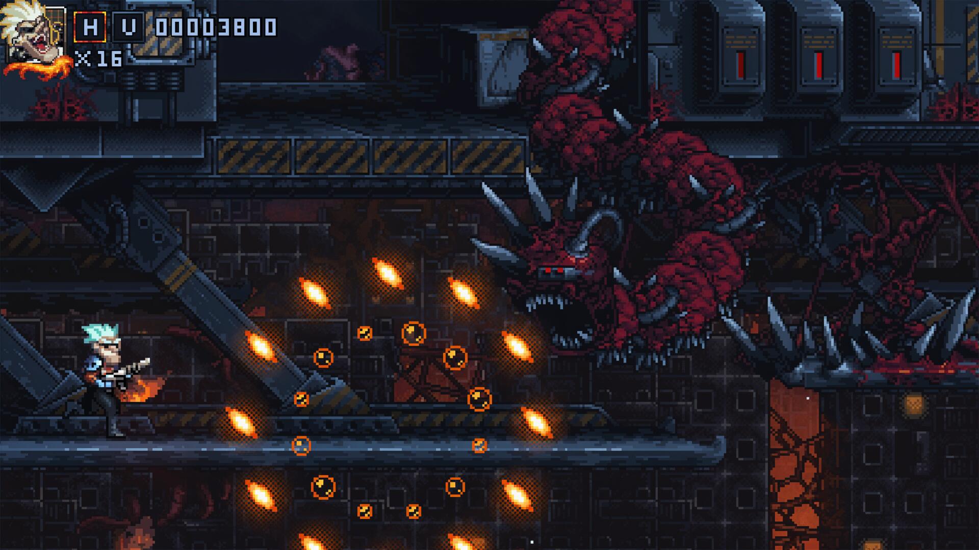 A high-energy scene from the video game Iron Meat, featuring a character battling menacing creatures amidst explosive action in a detailed, 4K Ultra HD backdrop.