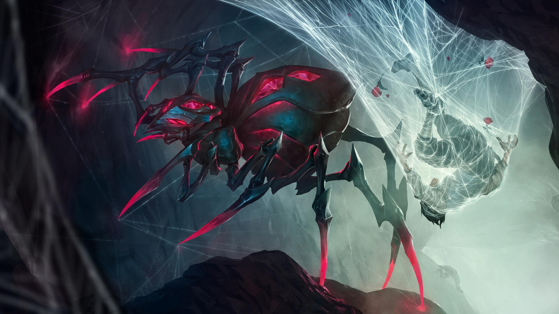 A dramatic 4K Ultra HD wallpaper featuring Elise from League of Legends, showcasing her spider form with vivid colors and intricate web details in a dark, immersive setting.