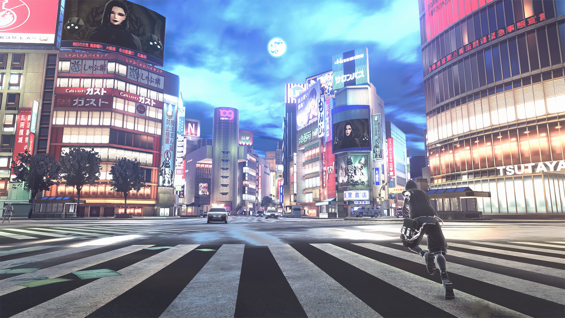 A vibrant HD desktop wallpaper featuring a bustling cityscape from the video game Reynatis, illuminated by neon lights under a dramatic sky.