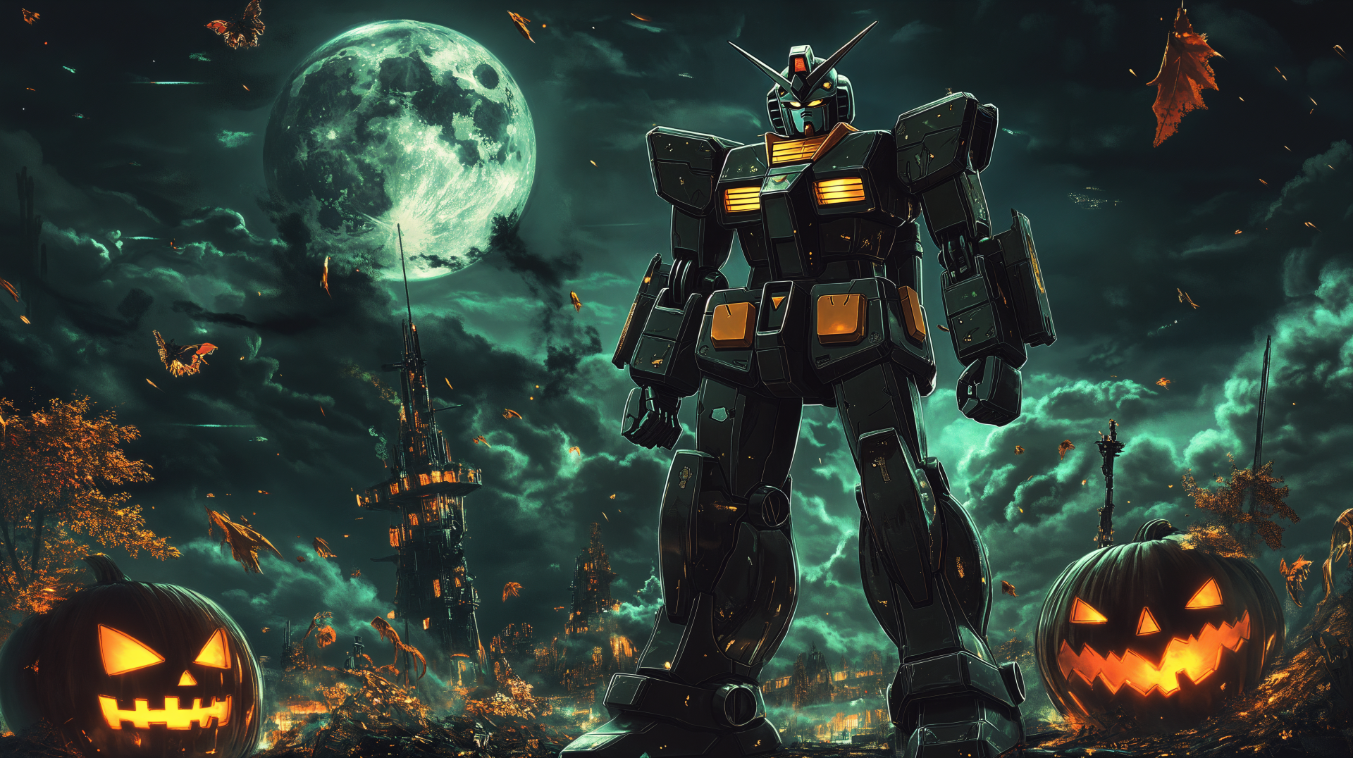 A dark Gundam mech stands against a spooky Halloween backdrop, illuminated by a full moon, surrounded by carved pumpkins and swirling autumn leaves, creating a vibrant anime scene.